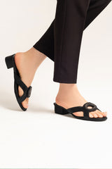 Womens leather block  heels in black colour with 3D texture and diamante buckle by JULKE