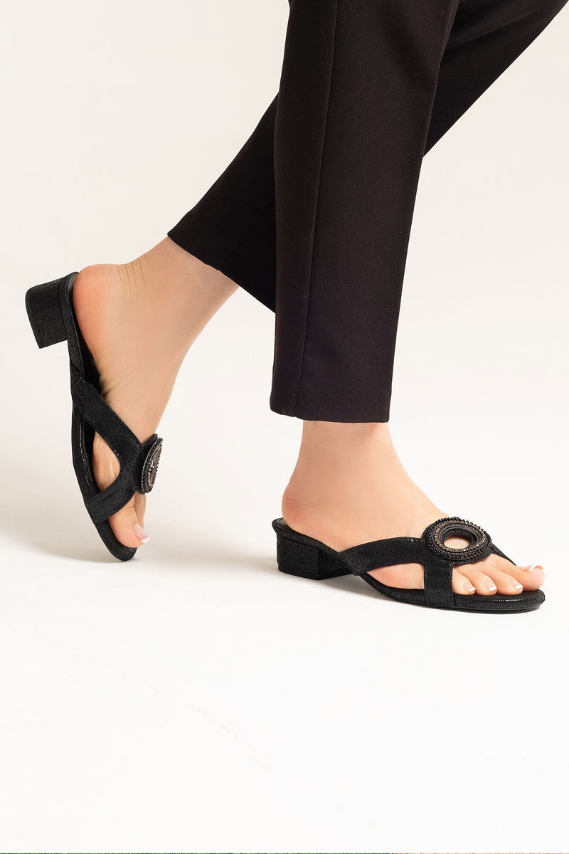 Womens leather block  heels in black colour with 3D texture and diamante buckle by JULKE