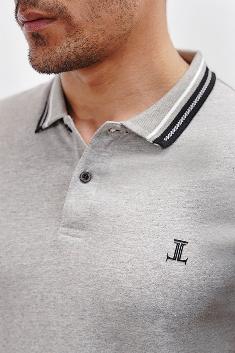 Mens summer polo shirt in light grey with contrast tipped collar and ribs by JULKE