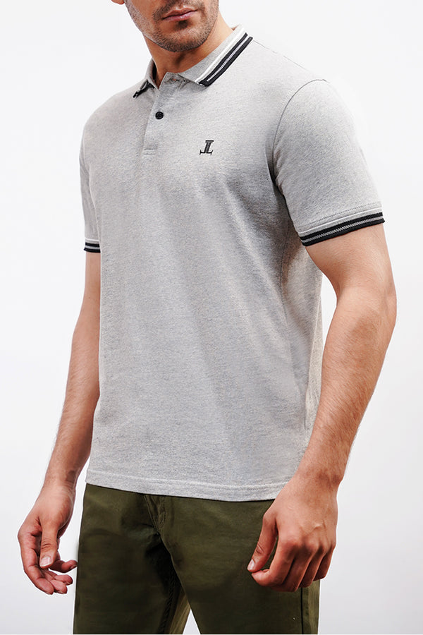 Mens summer polo shirt in light grey with contrast tipped collar and ribs by JULKE