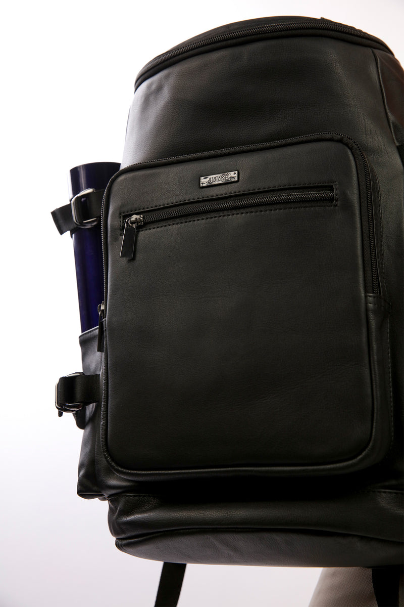Mens original leather backpack in black colour with extra pockets for travel and hiking by JULKE