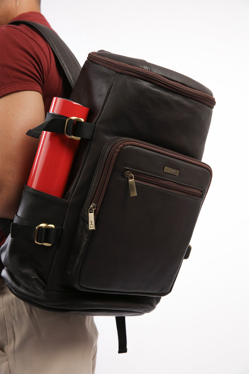 Mens original leather backpack in grey brown colour with extra pockets for travel and hiking by JULKE