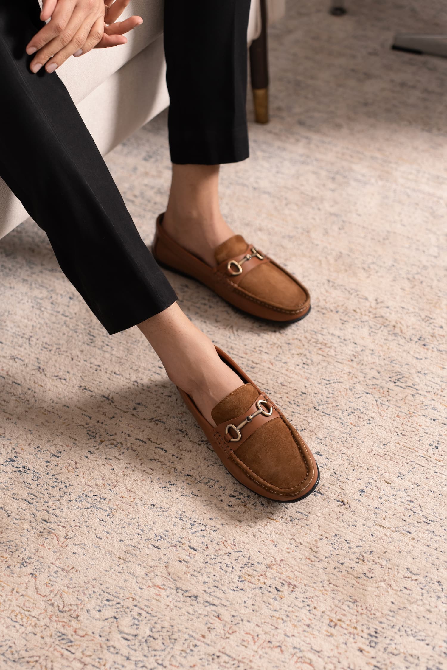 Mens suede and leather moccasins in tan colour with metallic light gold horsebit buckle by JULKE. 