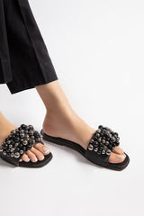 Women summer flats in black colour with pearls and diamantes by JULKE