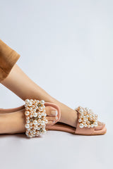 Women summer flats in peach nude colour with pearls and diamantes by JULKE