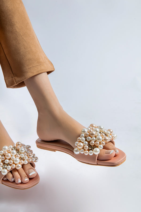 Women summer flats in peach nude colour with pearls and diamantes by JULKE