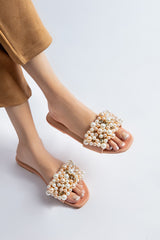 Women summer flats in peach nude colour with pearls and diamantes by JULKE