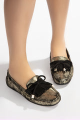 Women leather moccasins in black and gold colour with  glitter bow and  fringe by  JULKE
