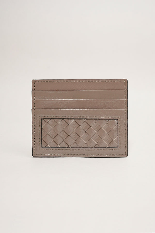 Unisex leather card holder in grey brown colour with woven patcha nd hidden pocket by JULKE