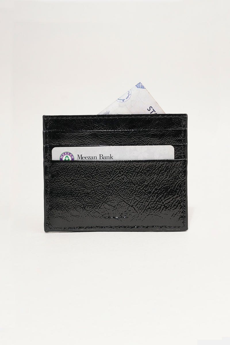 Unisex leather card holder in Black colour with woven patch and hidden pocket by JULKE