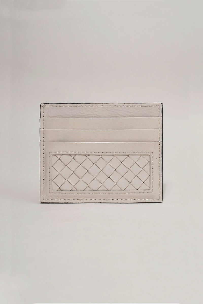 Unisex leather card holder in white colour with woven patch and hidden pocket by JULKE