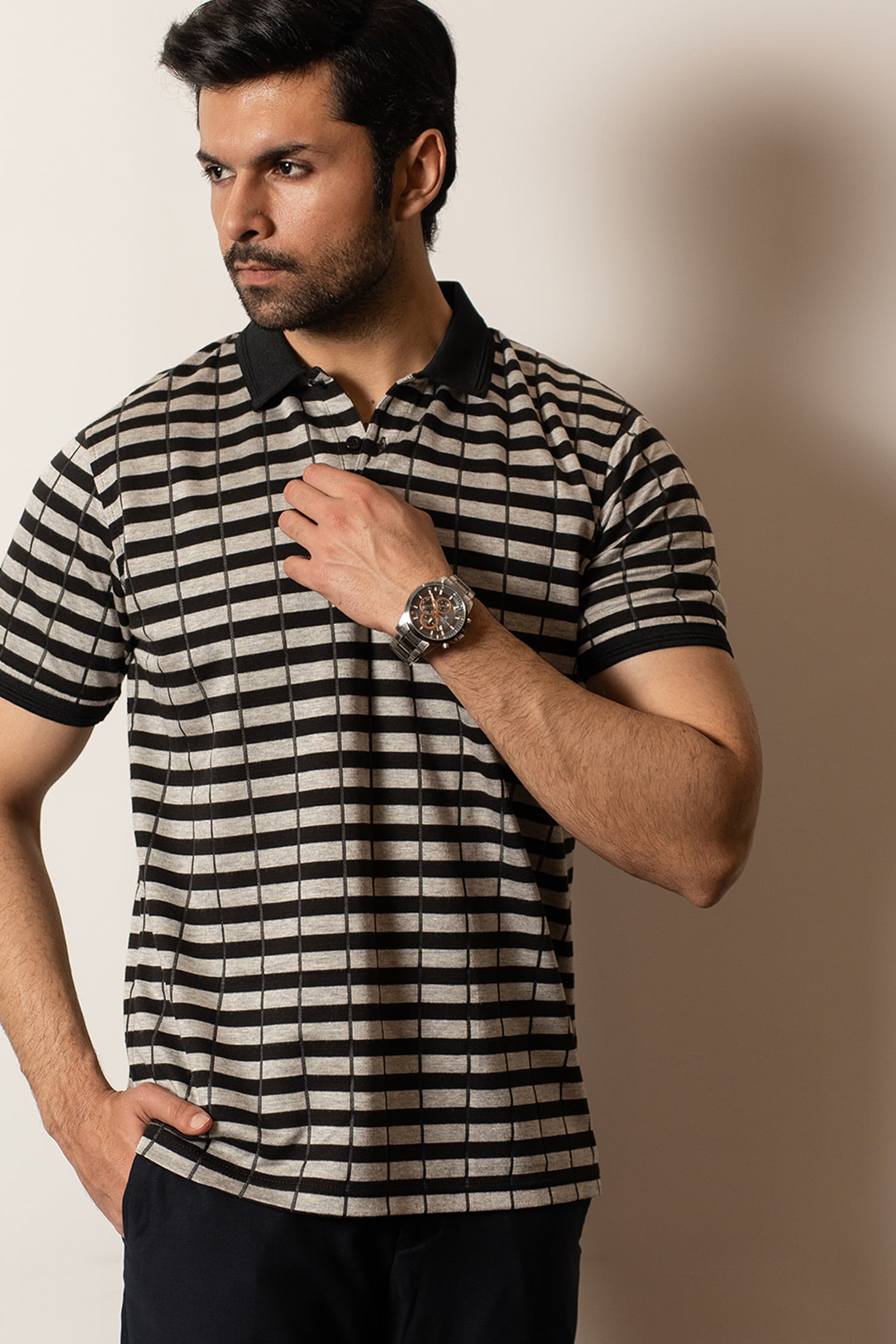 Mens half sleeve polo shirt in black and beige stripes with black collar and sleeve cuffs by JULKE. 