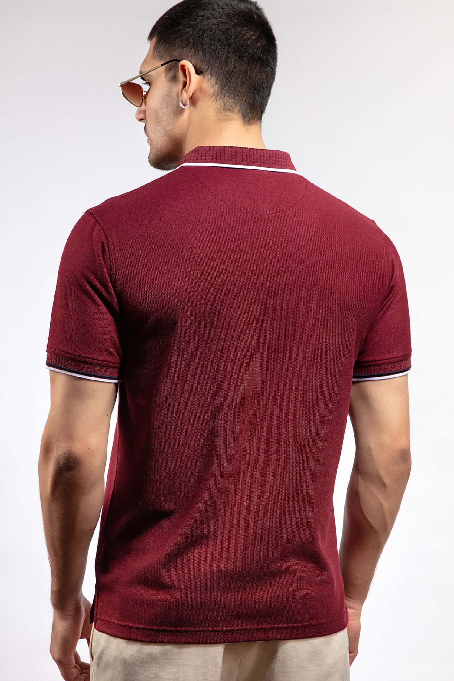 Mens summer polo shirt in burgundy colour with matching white outline tipped collar and half sleeves by JULKE.