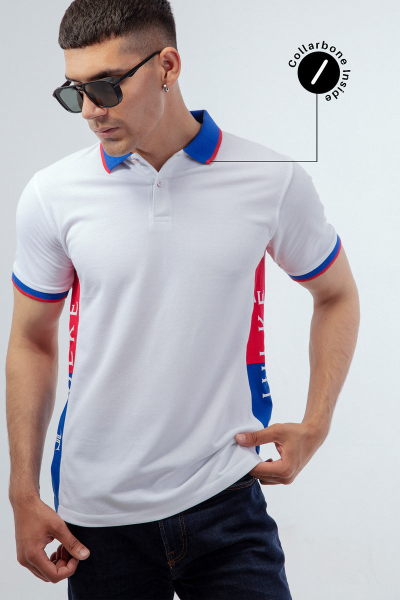 Mens summer polo shirt in white, red & blue with collar bone by JULKE