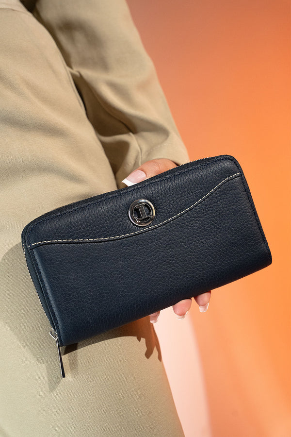 Women's leather long wallet in navy blue colour with zipper closure contrast stitch and metal brand logo by JULKE. 