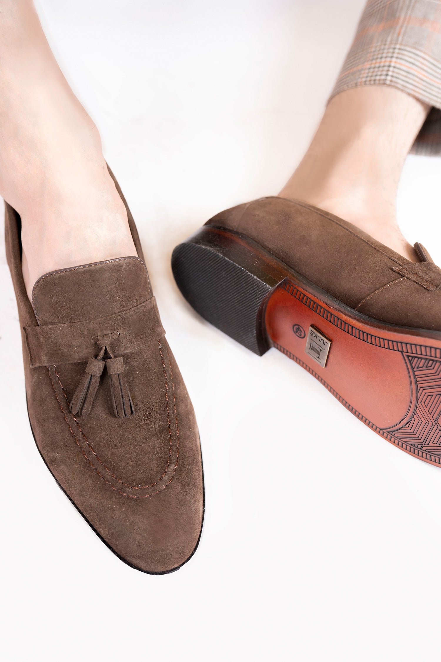 Mens original suede leather shoes in brown colour with tassels by JULKE 