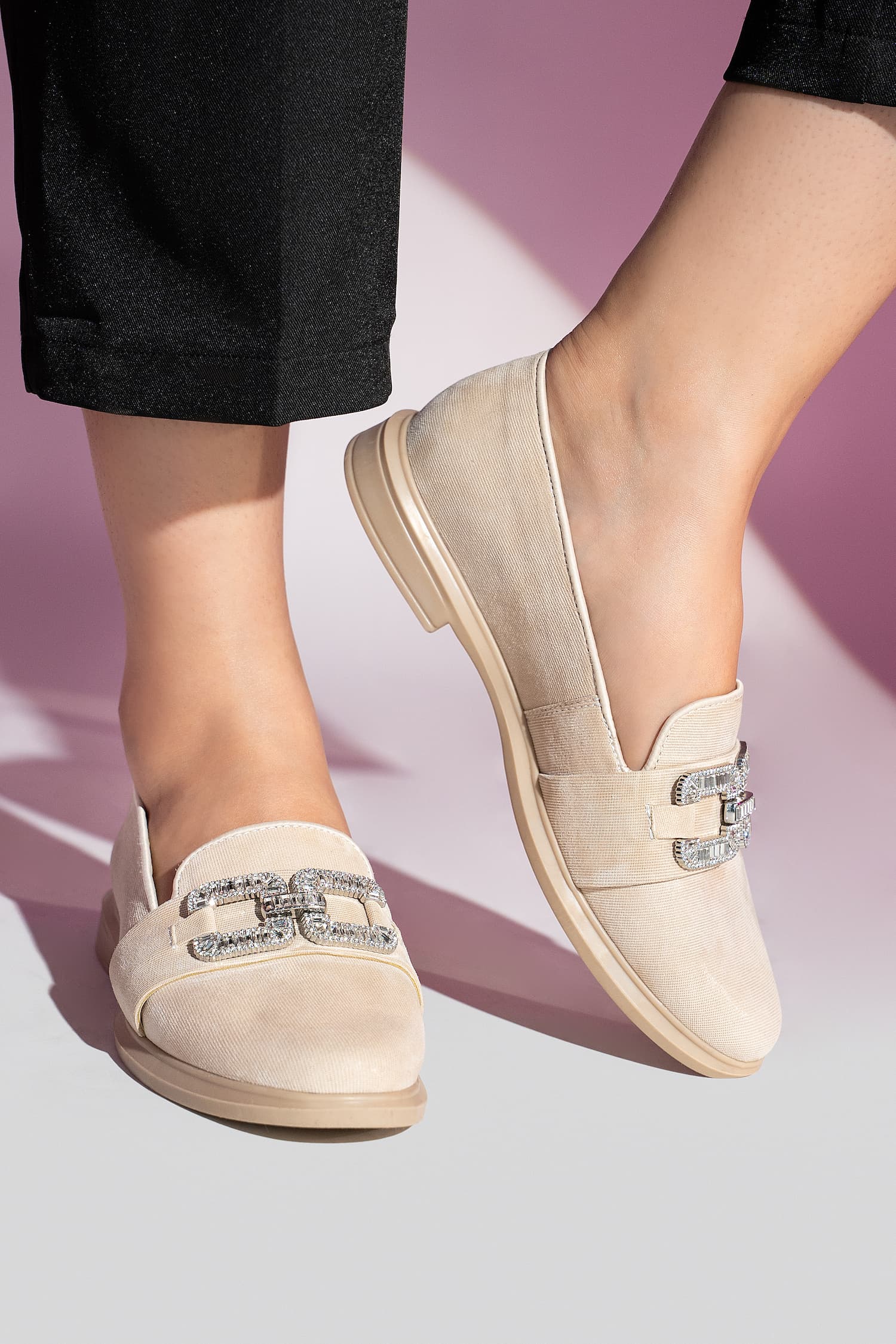 Womens leather loafers in off white colour with glitter and large diamante double D buckle by JULKE. 