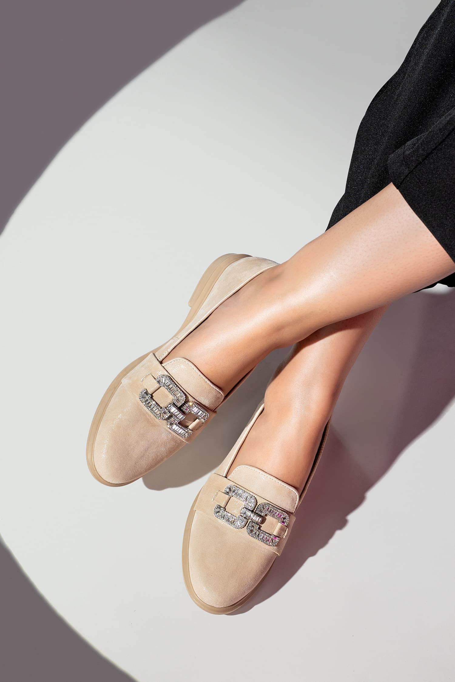 Womens leather loafers in off white colour with glitter and large diamante double D buckle by JULKE. 