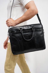 Mens original leather classic laptop bag in black colour with shoulder strap by JULKE