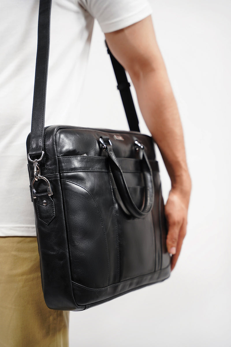 Mens original leather classic laptop bag in black colour with shoulder strap by JULKE