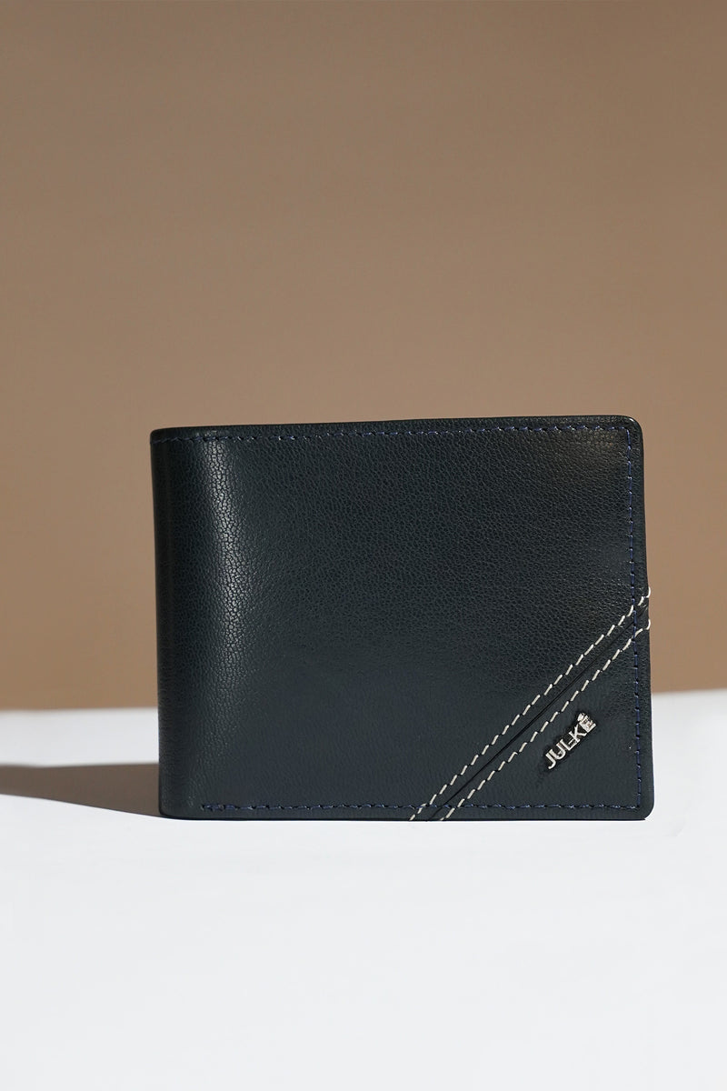 Mens leather bifold wallet in dark blue colour with white contrast stich and metallic hardware by JULKE
