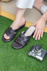 Women leather block heel slides in dark grey colour with woven straps by JULKE