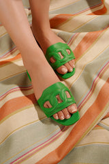 Womens summer leather flats in green colour with padded chain pattern by JULKE