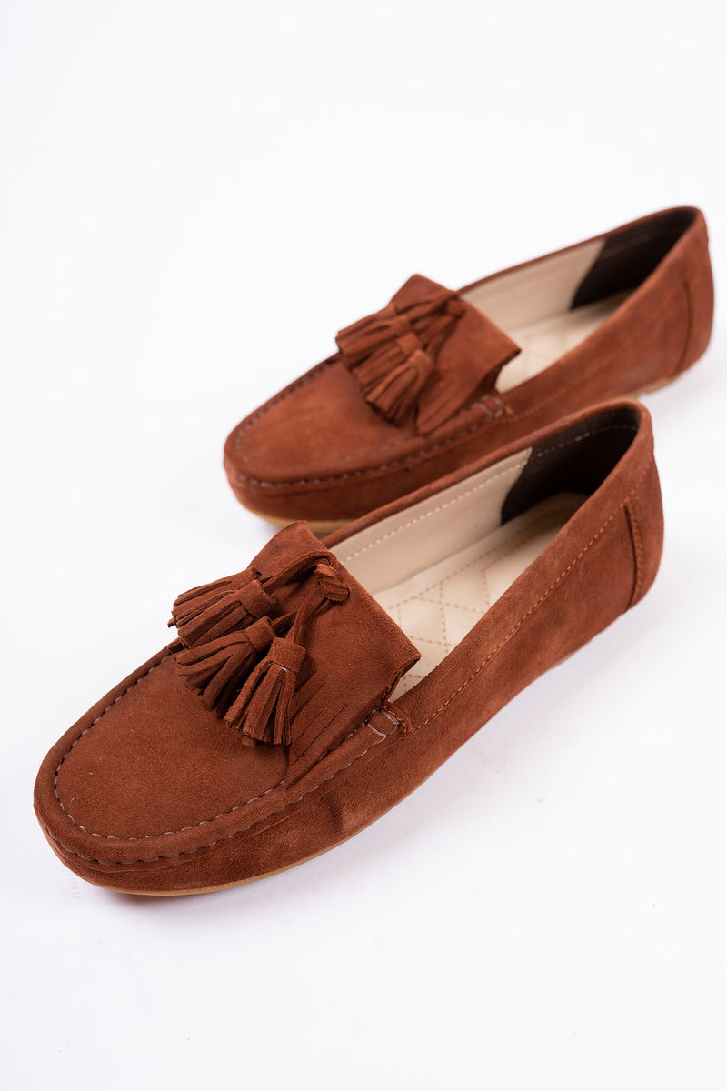 Women leather moccasins in brown colour with tassels by JULKE