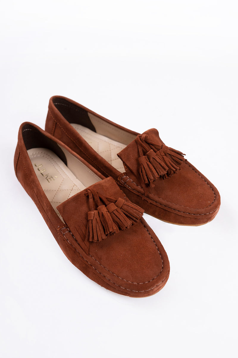 Women leather moccasins in brown colour with tassels by JULKE
