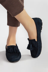 Women leather moccasins in navy blue colour with tassels by JULKE