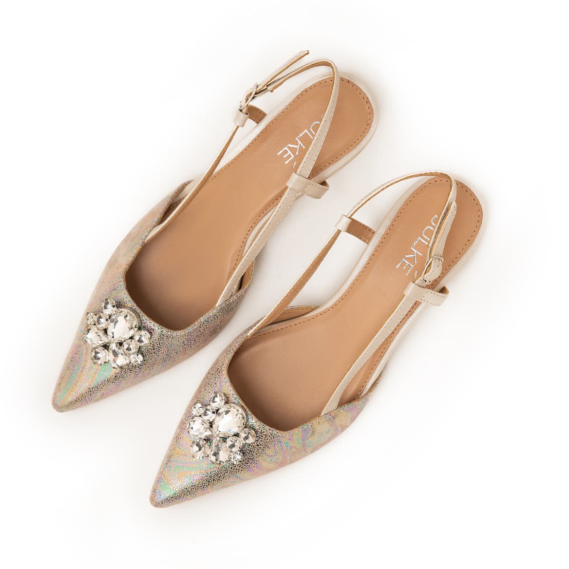 Women's leather sling-back kitten heels in prism multicolor with oval rhinestone brooch by JULKE.