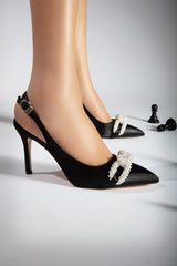 Women slingback heels in black colour with pointed toe and pearl chain by JULKE