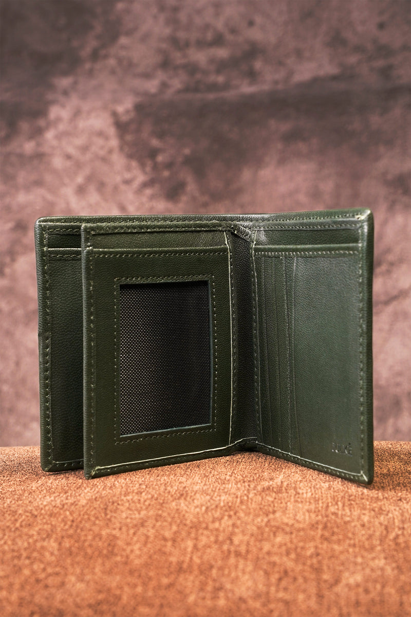 Mens original leather wallet with crocodile texture in medium size in green colour by JULKE