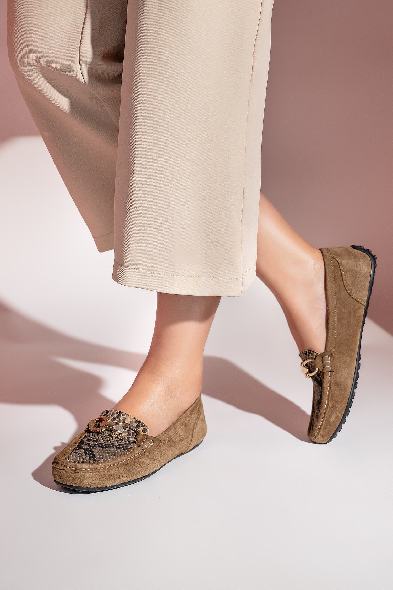 Womens leather moccasins in light brown colour with replile texture vamp and metallic gold D-buckle by JULKE.