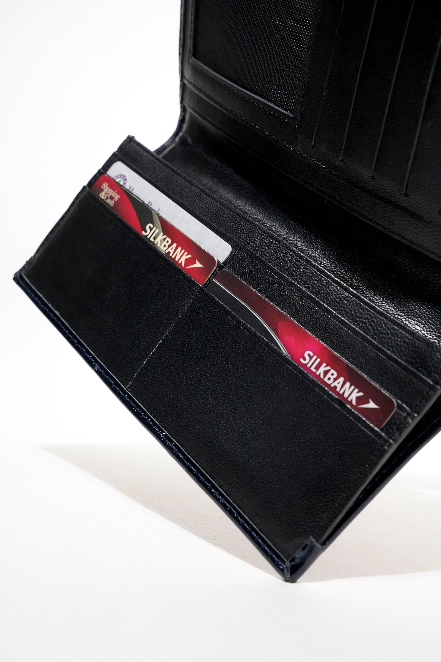 Mens leather long wallet in blue colour with two tone patent and woven flap by JULKE