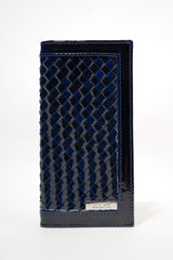 Mens leather long wallet in blue colour with two tone patent and woven flap by JULKE