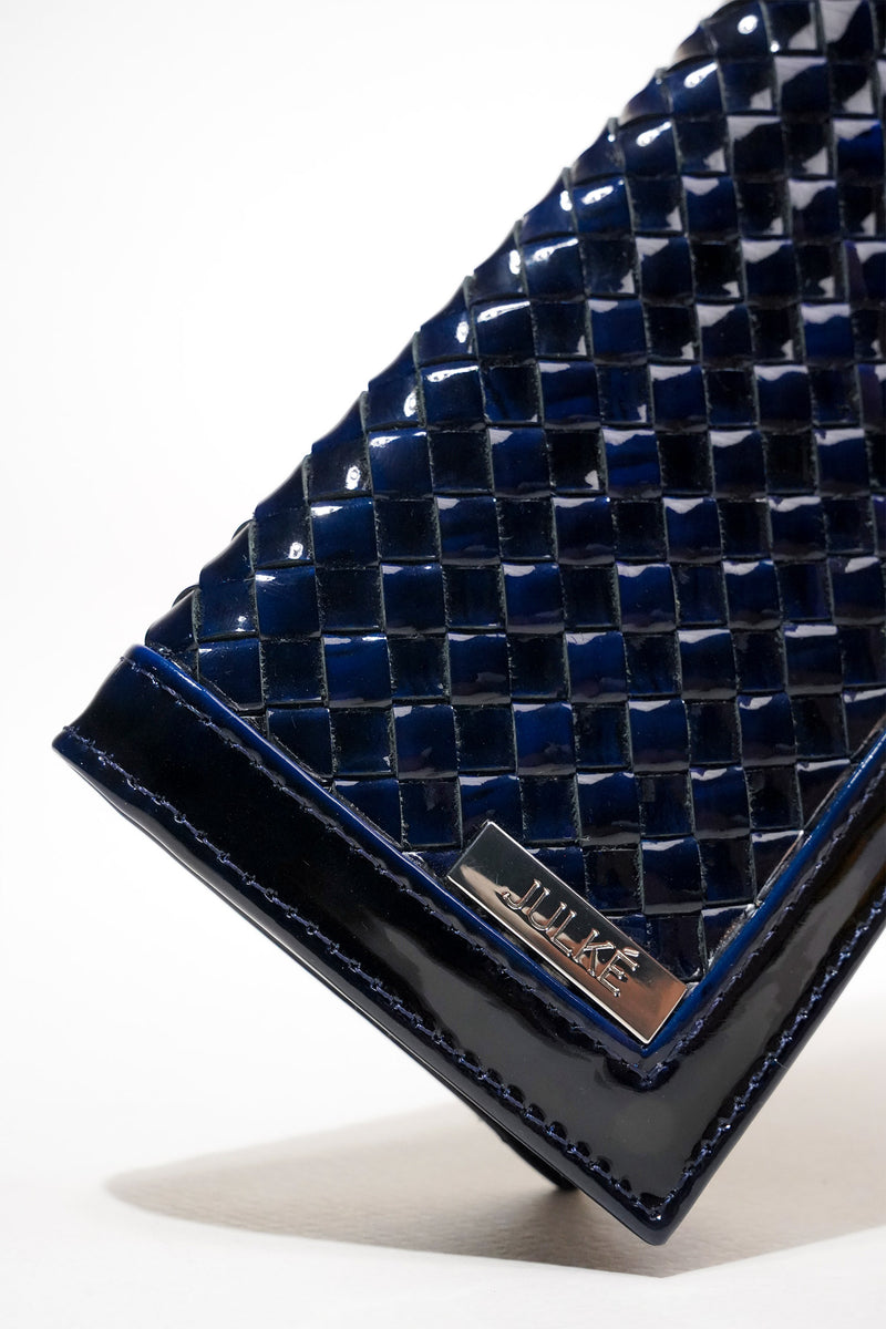 Mens leather long wallet in blue colour with two tone patent and woven flap by JULKE
