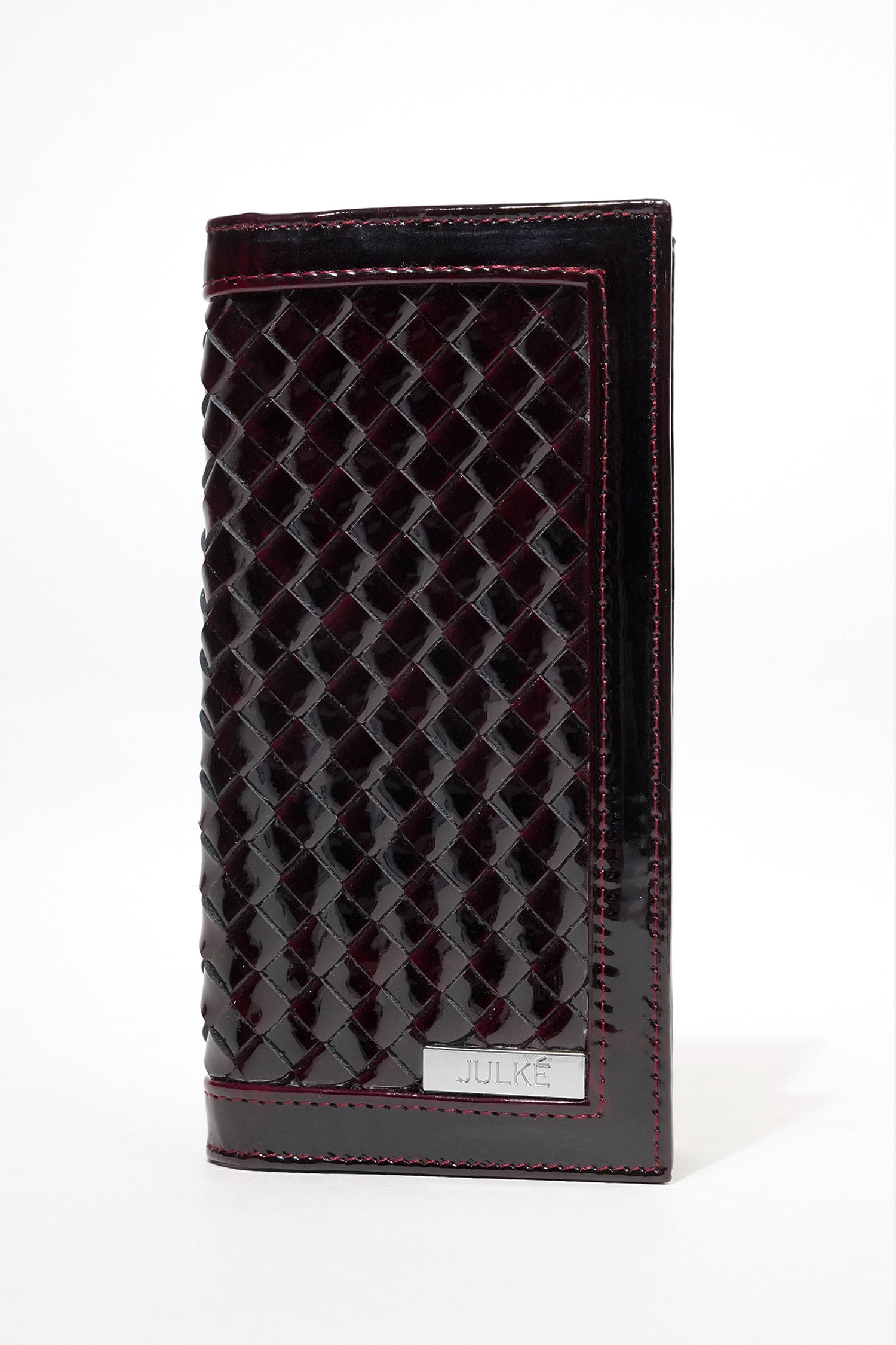 Mens leather long wallet in dark red colour with two tone patent and woven flap by JULKE
