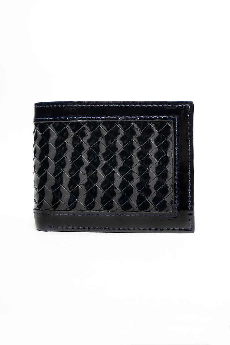 Mens leather wallet in blue colour with two tone patent and woven flap by JULKE