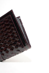 Mens leather wallet in dark red colour with two tone patent and woven flap by JULKE
