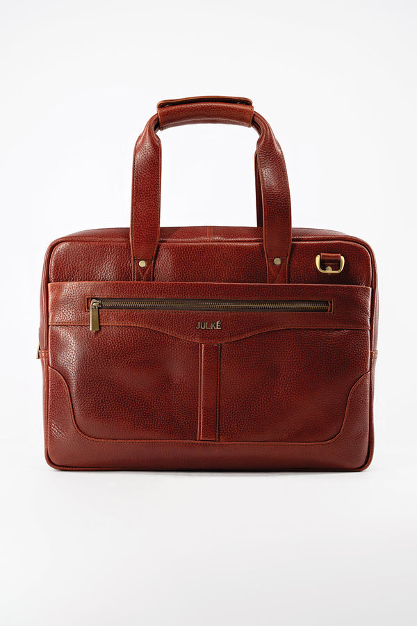 Mens soft leather laptop bag in red brown colour with extra pockets and long handles by JULKE