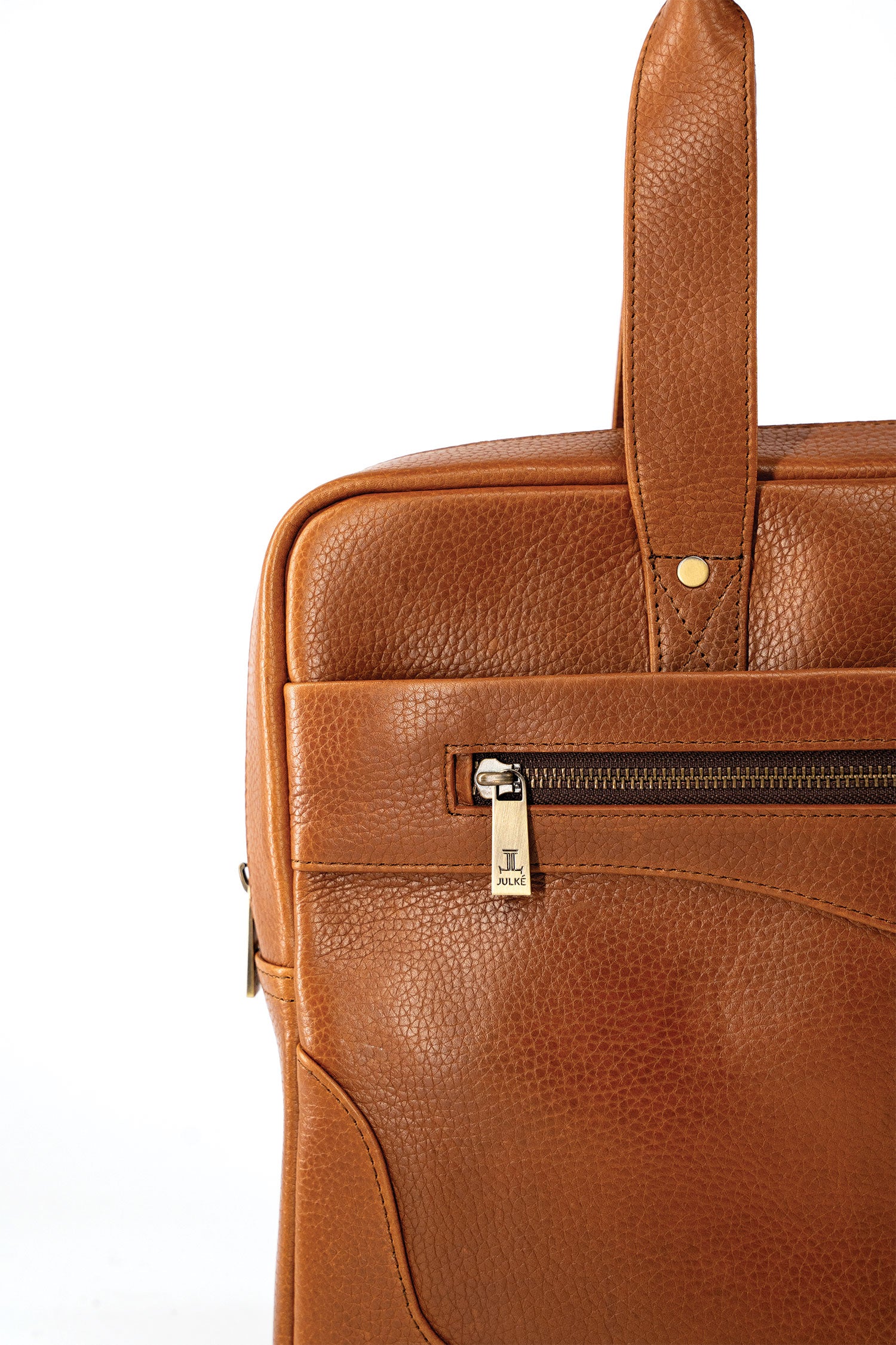 Mens soft leather laptop bag in orange brown colour with extra pockets and long handles by JULKE