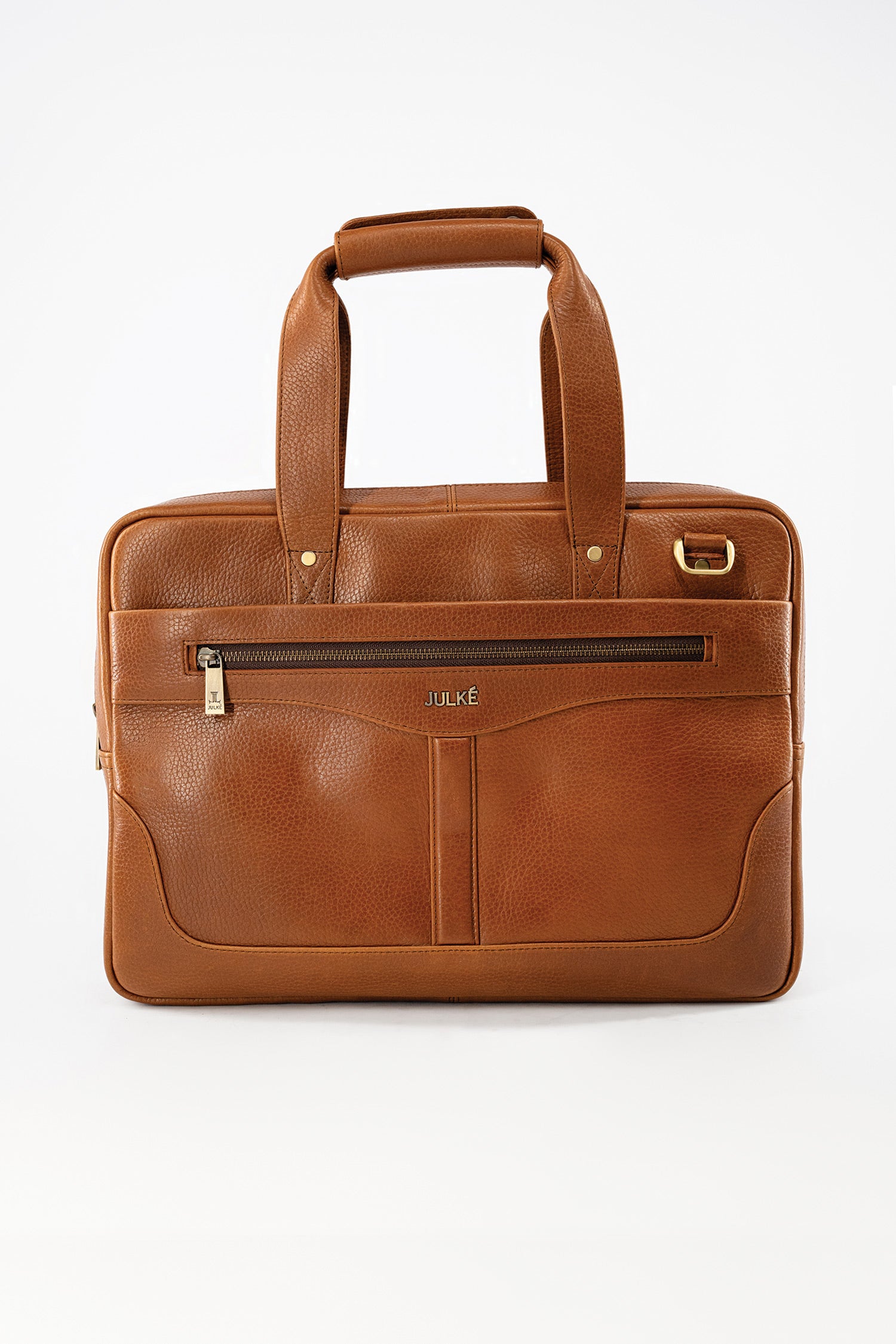Mens soft leather laptop bag in orange brown colour with extra pockets and long handles by JULKE