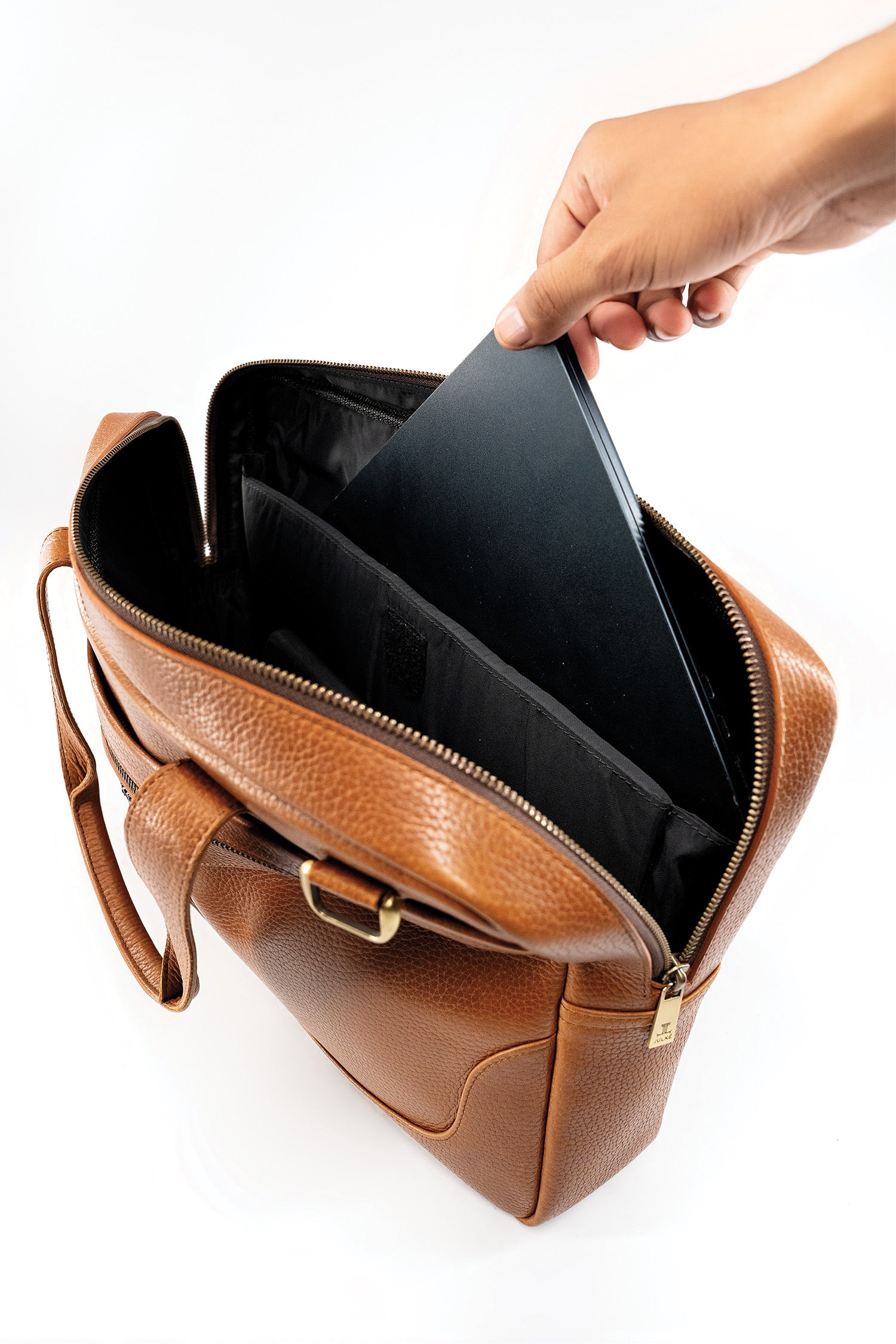 Mens soft leather laptop bag in orange brown colour with extra pockets and long handles by JULKE