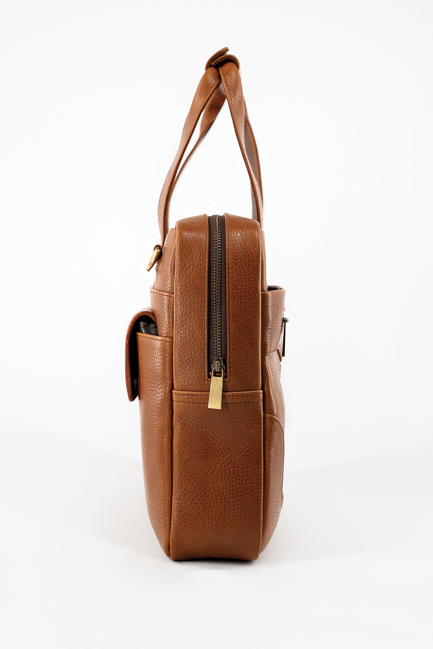 Mens soft leather laptop bag in orange brown colour with extra pockets and long handles by JULKE