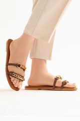 Womens summer leather flats in brown colour with croc texture and gold chain and wood buckle by JULKE