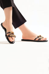 Womens summer leather flats in plum colour with croc texture and gold chain and wood buckle by JULKE