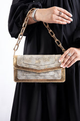 Womens leather shoulder bag and clutch in silver and gold  colour with gold chain by JULKE