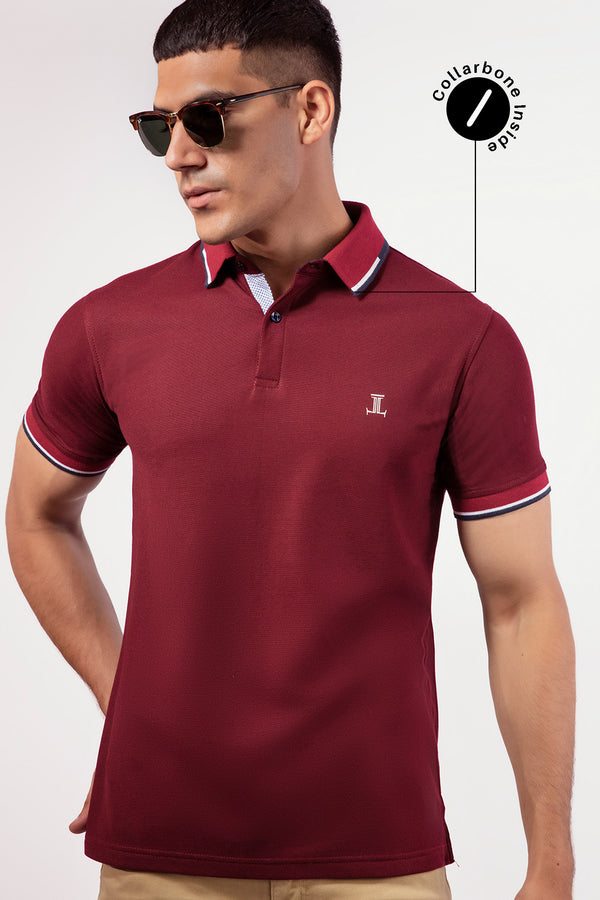 Mens summer polo shirt in maroon with collar bone by JULKE
