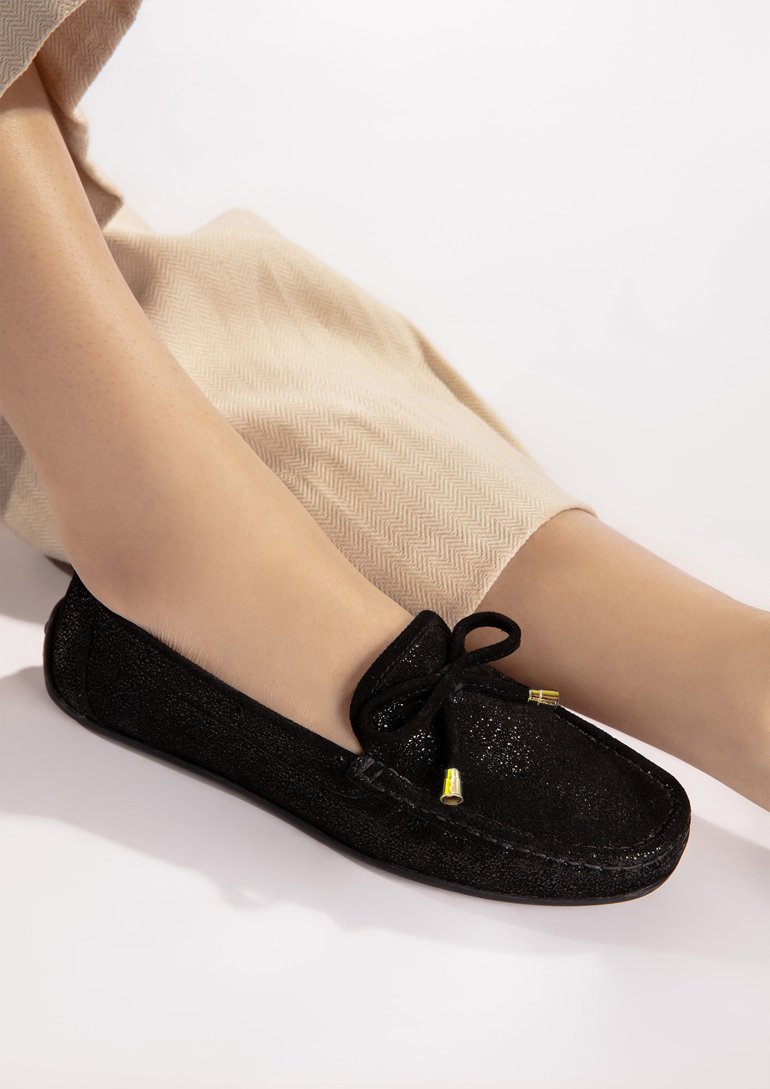 Womens leather moccasins in black colour with bow and glitter by JULKE